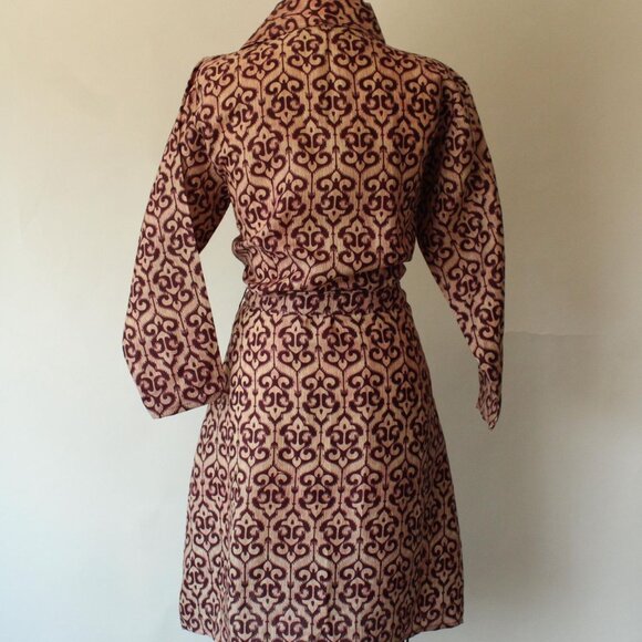 Vintage 1960s 1970s Dress, Burgundy and Ivory Batik Ethnic Print Wrap Dress - Picture 9 of 10